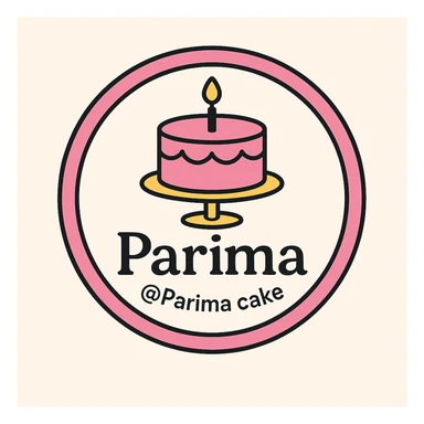 Update the second logo from the left with the text Parima instead of Prima Cake and replace the contact information with @Parima cake. Keep the design and layout the same. sticker