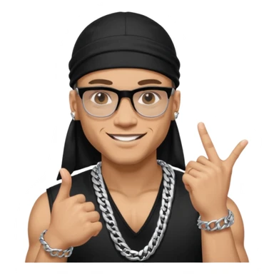 lightskin man with a black durag,a cuban link chain,glasses, and smiling flexing grills with crossed arms but with one arm up and pinky finger touching grills  sticker