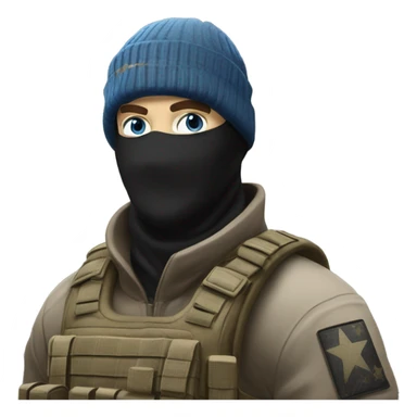 White male, call of duty black mask, camo tactical gear, tan combat boots, black beanie, blue eyes sticker
