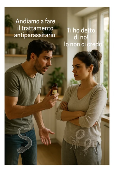 A highly realistic, cinematic photo of a young couple in their early 30s having an argument in a bright modern kitchen. The man, athletic build, wearing a casual T-shirt and jeans, is speaking firmly with a raised hand holding a small amber glass bottle labeled with a subtle herbal symbol, saying 'Andiamo a fare il trattamento antiparassitario' with a determined expression. The woman, with long dark hair tied in a messy bun, casual home outfit, crosses her arms with an angry, defensive expression, replying 'Ti ho detto di no! Io non ci credo!' while slightly turning away. Tension is visible in their body language, with the man leaning forward trying to explain and the woman leaning back, her eyebrows furrowed. Around them, subtle ghostly overlays of microscopic parasites are faintly visible near their abdominal areas, symbolizing the hidden reason for the argument. The kitchen is bright and modern with plants and natural light, contrasting the emotional tension. The style is hyperrealistic with warm tones and shallow depth of field focusing on their facial expressions, illustrating the conflict between belief in natural treatments and skepticism within the couple regarding hidden parasitic infections. in italiano sticker