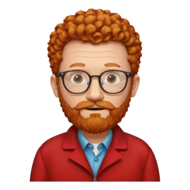 old man, ginger curly short hair, with beard, no mustache, wearing glasses, long face, wearing a red jacket sticker