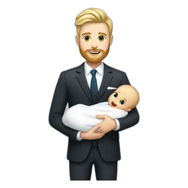 sharp dressed white man with blonde hair and a beard holding a newborn baby boy sticker