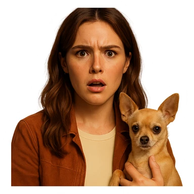 Portrait for Instagram profile picture inspired by the facial features visible in the reference images, with a tanned complexion, subtle freckles, wearing a shirt in color #FFF8CA and a rust-colored jacket, medium-length brown hair with auburn highlights, shocked and indignant expression, holding a beige-brown chihuahua, in the style of a Netflix series, transparent background, intimate Tenerife ambiance. sticker