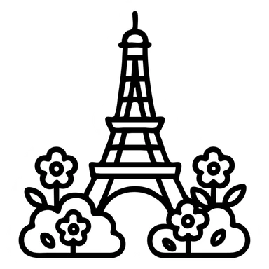 clean outlined icon style of the Eiffel Tower surrounded by bushes with pink and yellow flowers sticker