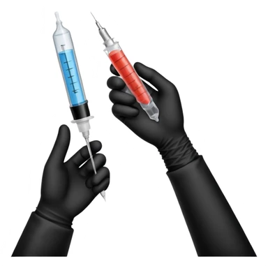 mano con guante medico de color negro sosteniendo una jeringa sticker