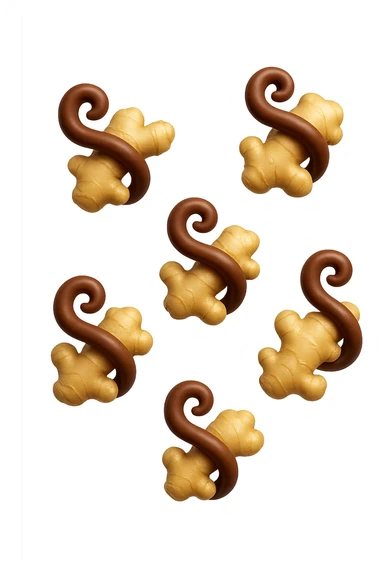 emoji stile iphone 3d di 6 piccoli pezzi di zenzero che fluttuano in aria con pezzi di colon arrotolati intorno, iperrealistico 4k sticker