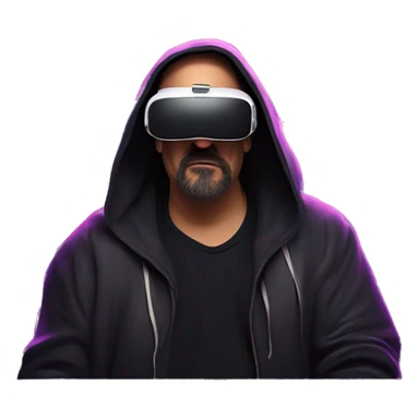 Big Lebowski wearing a black hoodie with "OMG" letters on it and VR headset oculus quest 2 in a cyberpunk VR environment with violet neon lighting. Showing direction with hand sticker