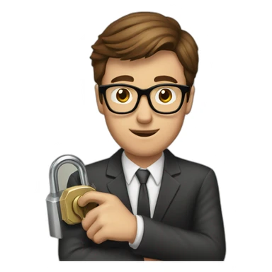 brown-haired classy man wearing glasses struggling to fit a key into a lock sticker