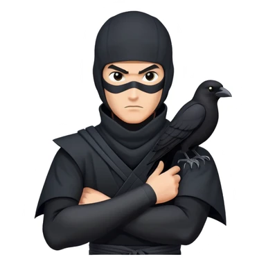 clash-of-clans-aesthetic_-cinematic-mysterious-male-ninja-portrait-emoji, rendered in a flat, vector-style with minimal shading and bold, simplified shapes, with a head slightly turned revealing intense, focused eyes. the ninja has his arm out and perched on top of his forarm is  a black crow sticker