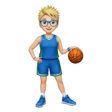 Full Body plus size white female basketball player with medium brown with blond hair with short spike hair wearing blue glasses 
With a small wide nose wearing blue green uniform  green sneakers smiling wearing silver hoop earring  sticker