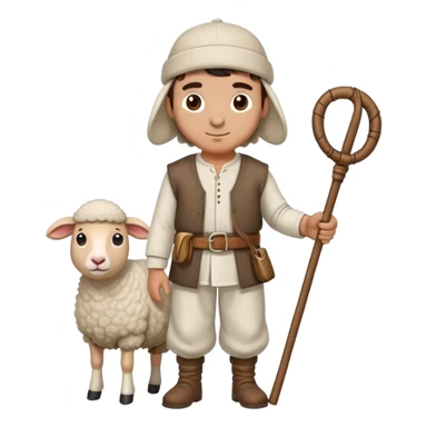 A Turkish shepherd wearing a white felt kepenek, loose shalwar pants, a cloth belt, and a wool cap, holding a wooden staff beside a sheep sticker