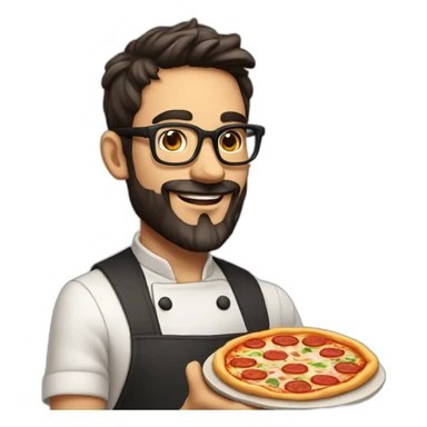 30 years old chef with beard and smooth short dark hair and big glasses proudly holding a pizza sticker