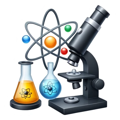 An icon featuring an atom, a microscope, and a set of physics formulas, symbolizing the study of physics. The design includes a pendulum, a magnet, and a light wave, representing energy, forces, and matter. Transparent background highlights scientific exploration and physical phenomena. sticker