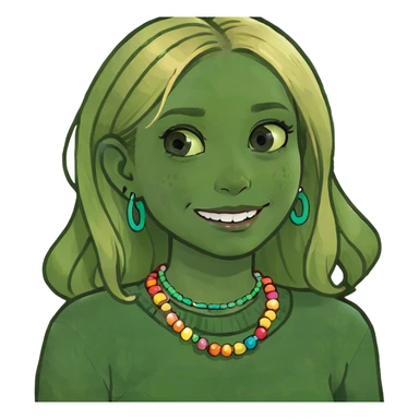 Girl with blond highlights and freckles smiling with braces sticker