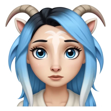 Full body-5 foot 7 inches-White female-big tears-gorgeous face-very very long eyelashes-sky blue eyes with black eyeliner-very very long straight black to sky blue hair ombre-dressed as a goat sticker