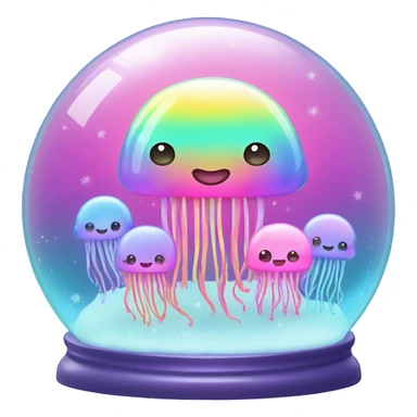 Kawaii rainbow pastel family of jellyfish  in neon snow globe  sticker