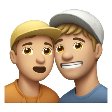A guy biting his neck and having a hat on trying to raise a person with blush on its face with a cap on sticker