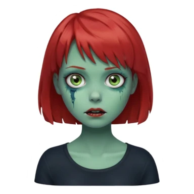 Zombie girl emoji with short red hair and bangs. Blue eyes, green skin, and a black top Her hair is slightly wavy sticker