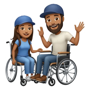 Tan skinned man with a beard and fitted cap in a wheelchair and a brown skinned woman with long dark hair in a wheelchair laughing  sticker
