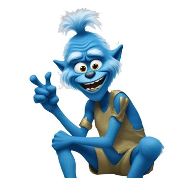 A blue grinch pointing at his knee sticker