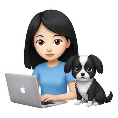 Asian girl long black hair, wearing a light blue t-shirt, working on an Apple laptop, next to her is a small black and white dog sticker