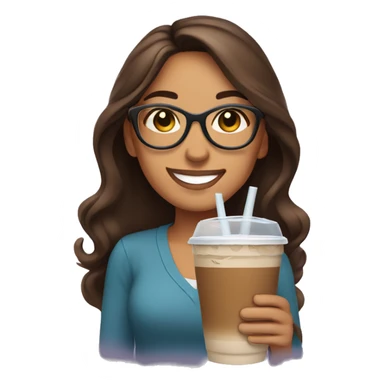 Smiling Hispanic woman with long brown hair wearing glasses holding an iced coffee sticker