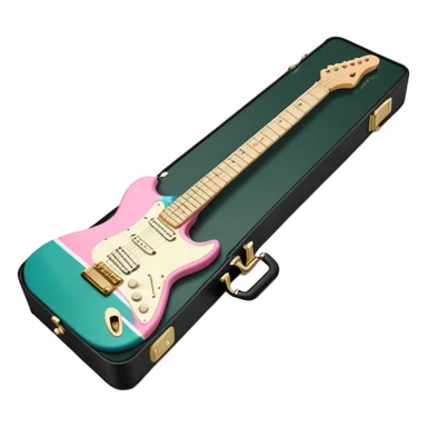 minimalist electric guitar in dark green with pink and blue stripe decal, closed inside a black rectangular hard case with gold latches, flat semi-3D style, soft matte textures, simplified details, stylized decal accent, alternate angle sticker