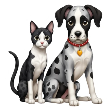 Harlequin great dane dog sitting with a black and white cat sticker