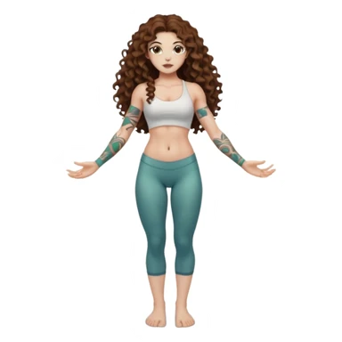 full body woman long curly brown hair brown eyes white skin tattoos muscular build lily pond spirit stance sticker
