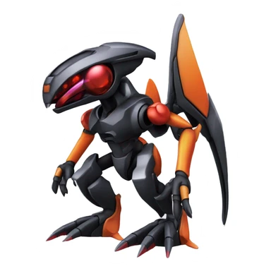 a shiny metallic black-red-orange Genesect-Flygon-Raptor-Fakémon-Medabot-hybrid with a futuristic visor-helmet full body sticker