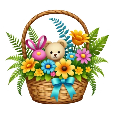 Icon for Floristry: a woven basket with flowers, reeds, ferns, bright ribbons, and a small plush toy. The icon should represent creativity in flower arrangement and decorative design. Transparent background. sticker