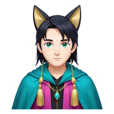 anime man with long-straight-dark-black hair, long black fox ears with pink Scapha, colorful-gradient-brown-turquoise eyes, gold earring, dark-blue-sweater, green cape behind, white pupils, turquoise tassel sticker