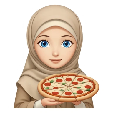 Turkish beautiful finish Konya girl blue eyes with beige hijab islamic dress and had on her hand pizza sticker