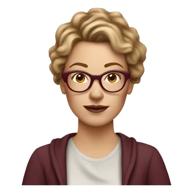 white mom with light brown messy hair, freckles on cheeks and nose, wearing burgundy glasses, holding coffee sticker