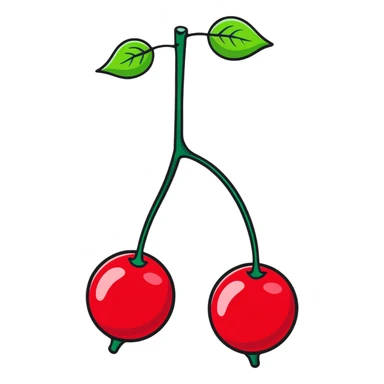 Two bright red cherries connected by a green stem sticker