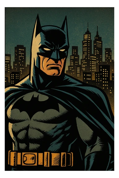 Batman standing in front of a city skyline at night, Grand Theft Auto V (GTA 5) style sticker