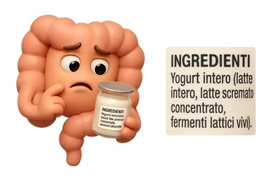EMOJI STILE IPHONE 3D DI UN INTESTINO CHE HA IN MANO UN BARATTOLO DI YOGURT CONFEZIONATO DA SUPERMERCATO E LEGGE L'ETICHETTA NUTRIZIONALE CON GLI INGREDIENTI IN ITALIANO, ACCANTO ALLO YOGURT CHE HA IN MANO C'è UN FOCUS SULL'ETICHETTA CON GLI INGREDIENTI SCRITTI, FAGLI UN ESPRESSIONE CONFUSA MENTRE LEGGE E FALLO MOLTO REALISTICO IN 3D sticker