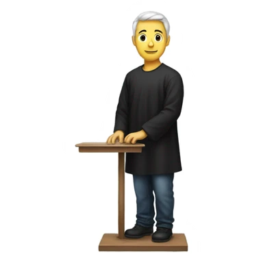 Man in black smock standing on scale sticker