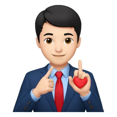 A man in very black short hair with all back hair style, wearing dark blue suit and red tie, making a heart finger sticker