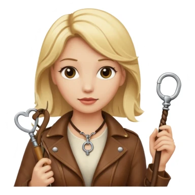 Dominatrix with blonde hair, key necklace, and a whip sticker