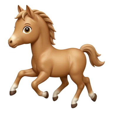 3D Apple-style emoji of a running foal. Small young horse with light brown body, short mane, big eyes, rounded and glossy, smooth shading, white background.

 sticker