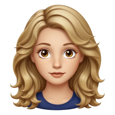 long dark Blond with highlights wavy hair white women, oval shape face hazel eyes long lashes little bit of freckles high cheek bones sticker
