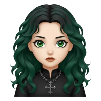 Crea una ragazza con stile black metal, capelli neri mossi lunghi e occhi verde scuro sticker