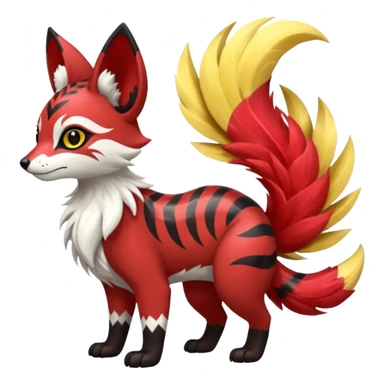 Futuristic sanguine-red banana-yellow black chevron-marked furry fluffy floofy feathery tribal marked Genet-Absol-Kyurem-Zeraora-Primagen-fusion-creature  sticker