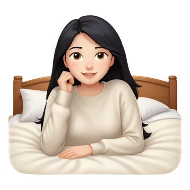 A woman with longer black hair, light to medium skin tone, full cheeks, and almond-shaped eyes, wearing a simple white sweater, lying comfortably on a bed with soft lighting, joyful and radiant expression sticker