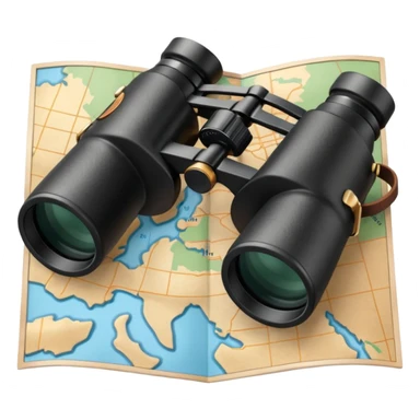 Black binoculars with leather strap on map sticker