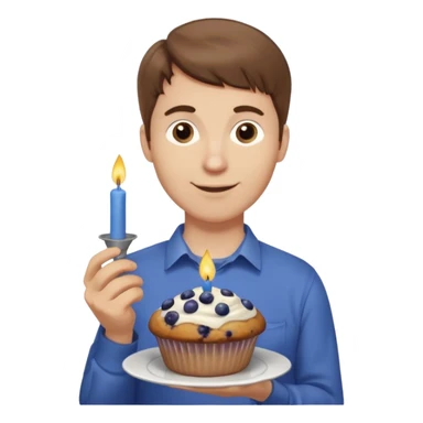 Make a white man with brown hair wearing a shirt that says happy b day Virginia holding a blueberry muffin with a birthday candle in it. Have him holding multiple muffins and no candles in hand sticker