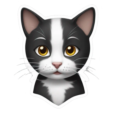 Create a sticker for a little black and white cat, she has white cheeks and a white stripe on her forehead sticker