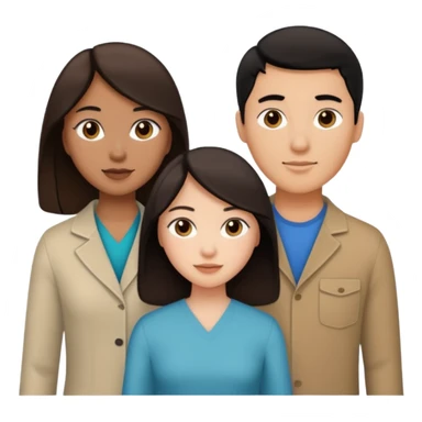 three people, one white girl with brown hair, one hispanic man with dark hair, and one tan asian woman with black hair, as a poly couple emoji sticker