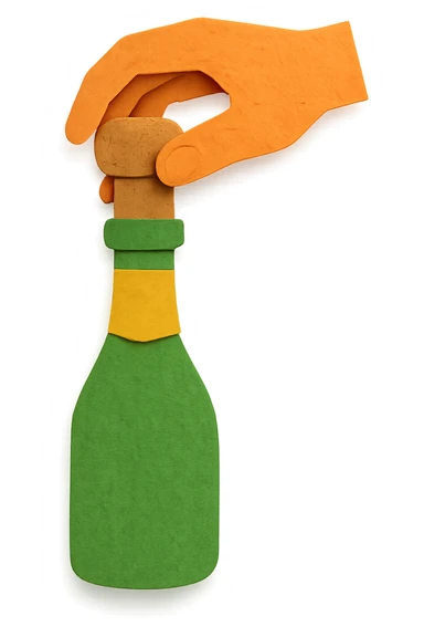 sparkling wine opening step 3: holding cork with hand and slowly twisting, realistic light green champagne bottle color, no background sticker